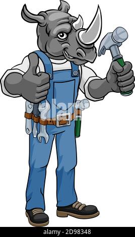 Rhino Mascot Carpenter Handman Holding Hammer Illustrazione Vettoriale