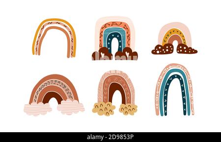 Boho collezione di arcobaleni disegnati a mano isolati su sfondo bianco. Illustrazione vettoriale. Illustrazione Vettoriale