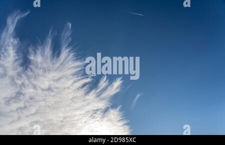 nuvole di cirrus sfilacciate su cielo blu profondo Foto Stock