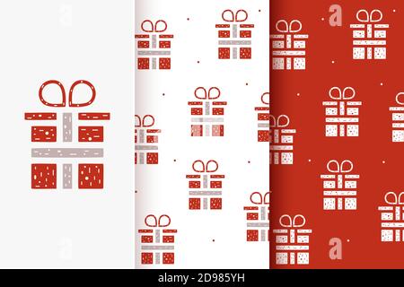 Set di modelli senza cuciture di confezioni regalo in stile piatto. Collezione di carte con elementi natalizi tradizionali. Illustrazione Vettoriale