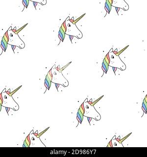 Modello senza cuciture di unicorni arcobaleno in uno stile moderno su uno sfondo bianco. Illustrazione Vettoriale