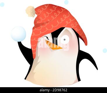 Pinguino invernale in cappello giocando a lanciare palle di neve Illustrazione Vettoriale