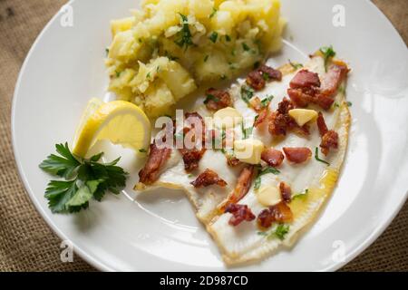 Un filetto di passera, Pleuronectes platessa, che è stato grigliato e servito con pezzi di pancetta alla griglia, prezzemolo, burro e patate bollite anche con p Foto Stock