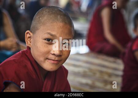 Dharamsala, India 2009 luglio. Ritratto di un giovane monaco tibetano in un tempio buddista a Mcleod Ganj, Little Lhasa. Foto Stock