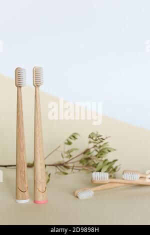 Set famiglia di cinque spazzolini da denti su sfondo bianco. Foto Stock