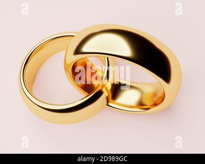 Due anelli d'oro di nozze si trovano l'uno nell'altro. Concetto di amore. rendering 3d Foto Stock