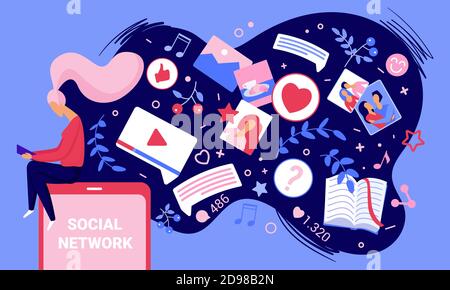 Illustrazione vettoriale del concetto di marketing dei contenuti dei social network. Utente di Cartoon donna in rete nei social media, la creazione di contenuti creativi di foto video digitali moderni, utilizzando i servizi di app mobili background Illustrazione Vettoriale