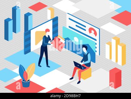 Le persone isometriche caricano l'illustrazione vettoriale del concetto di contenuto creativo. cartoon 3d personaggi aziendali creazione di contenuti del blog, contenente file. Download di video, musica e immagini tramite dispositivi mobili in background Illustrazione Vettoriale