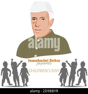 Immagine di Pt. Jawaharlal Nehru, il primo primo ministro dell'India. Schizzo in un colore singolo. Bandiera indiana. Buon giorno per i bambini. 14 novembre. Illustrazione Vettoriale