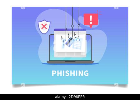 Internet phishing, furto dei dati della carta di credito, password dell'account e ID utente. Concetto di hacking delle informazioni personali tramite browser Internet o posta Illustrazione Vettoriale