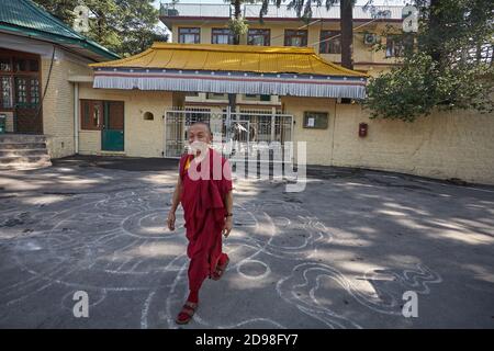 Dharamsala, India 2009 luglio. Un monaco tibetano passa di fronte alla casa del Dalai lama a Mcleod Ganj, il piccolo Lhasa. Foto Stock