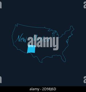 Stato del nuovo Messico evidenziato sulla mappa degli Stati Uniti d'America, modello infografico degli Stati Uniti. Illustrazione vettoriale dello stock isolata su sfondo blu. Illustrazione Vettoriale