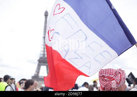 I sostenitori del popolo palestinese si sono riuniti in piazza Trocadero a Parigi il 28 agosto 2014 per denunciare la colonizzazione dei territori palestinesi Foto Stock