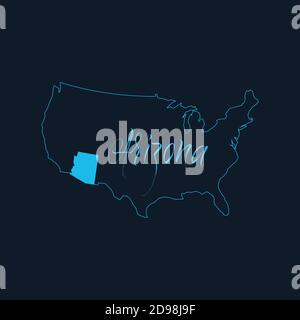 Stato dell'Arizona evidenziato sulla mappa degli Stati Uniti d'America , modello infografico degli Stati Uniti. Illustrazione vettoriale dello stock isolata su sfondo blu. Illustrazione Vettoriale