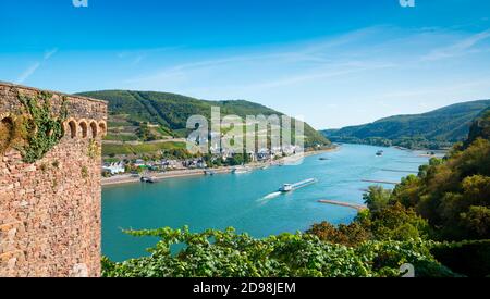 Vista sul Reno per Assmannshausen, Assia, Germania, Europa Foto Stock