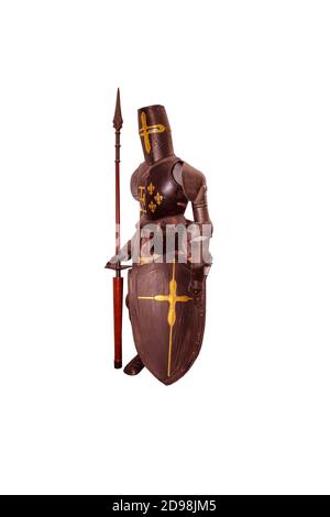 Cavaliere con armatura. Castello di Stahleck nel villaggio sul Reno Bacharach. Valle del Reno, Renania-Palatinato, Germania, Europa Foto Stock