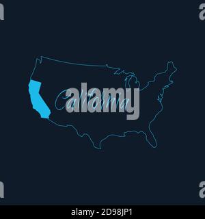 Stato della California evidenziato sulla mappa degli Stati Uniti d'America , modello infografico degli Stati Uniti. Illustrazione vettoriale dello stock isolata su sfondo blu. Illustrazione Vettoriale