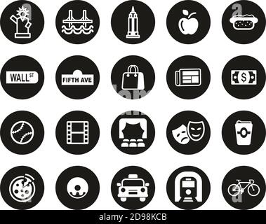 Icone della città e della cultura di New York bianche su Black Flat Set cerchio di design Grande Illustrazione Vettoriale