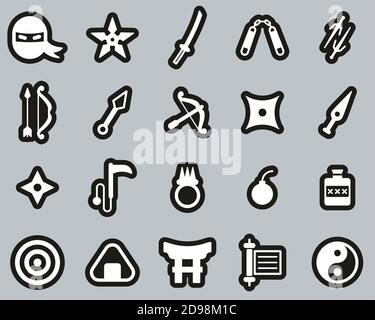 Set adesivi Ninja & Ninja Equipment Icons bianco su nero Grande Illustrazione Vettoriale