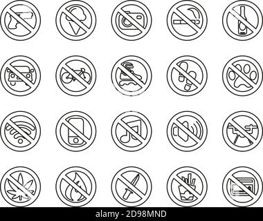 Icone senza segno o segno proibito nero e bianco sottile Set di linee grande Illustrazione Vettoriale