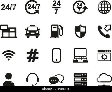 Servizio non stop o 24/7 icone di servizio set in bianco e nero Grande Illustrazione Vettoriale