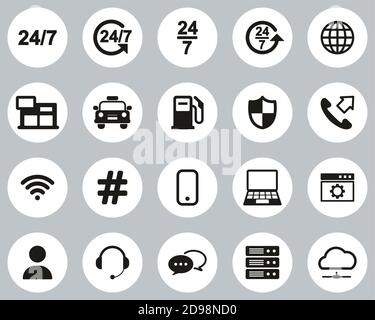 Servizio non stop o 247 icone di servizio in bianco e nero Set cerchio di design Grande Illustrazione Vettoriale