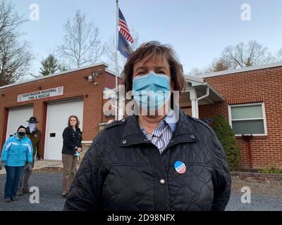 Oneida Township, Pennsylvania, Stati Uniti. 3 Nov 2020. Mary Jane Hawkins mostra con orgoglio il suo adesivo "ho votato", ricevuto durante le prime ore di voto il giorno delle elezioni in Pennsylvania. Credit: Sue Dorfman/ZUMA Wire/Alamy Live News Foto Stock