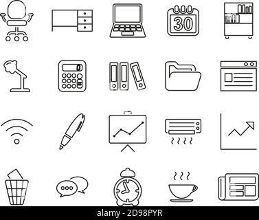 Icone di apparecchiature per ufficio e per ufficio in bianco e nero sottile Imposta grande Illustrazione Vettoriale