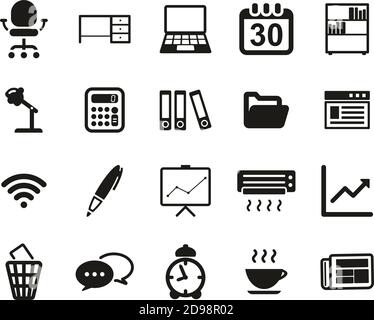 Icone di attrezzature per ufficio e ufficio Set bianco e nero Grande Illustrazione Vettoriale