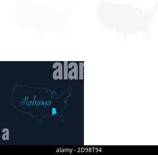 Stato dell'Alabama evidenziato sulla mappa degli Stati Uniti d'America , modello infografico degli Stati Uniti. Illustrazione vettoriale dello stock isolata su sfondo blu. Illustrazione Vettoriale