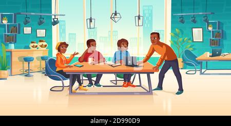 La gente nell'area di lavoro pensa l'idea di affari o sviluppa il progetto di arte, il lavoro di squadra, il concetto di brainstorm. Team creativo e rilassato seduto alla scrivania su poltrone nello spazio di lavoro, illustrazione vettoriale Cartoon Illustrazione Vettoriale