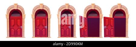 Animazione della sequenza di movimento di apertura dello sportello del cartone animato. Chiudere, leggermente socchiusa e aprire porte in legno rosso con arco in pietra e finestra in vetro. Elemento di design per facciata, ingresso. Illustrazione vettoriale, set di icone Illustrazione Vettoriale