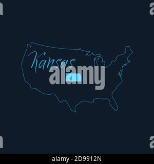 Stato del Kansas evidenziato sulla mappa degli Stati Uniti d'America , modello infografico degli Stati Uniti. Illustrazione vettoriale dello stock isolata su sfondo blu. Illustrazione Vettoriale