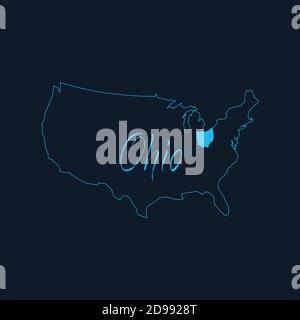 Stato dell'Ohio evidenziato sulla mappa degli Stati Uniti d'America , modello infografico degli Stati Uniti. Illustrazione vettoriale dello stock isolata su sfondo blu. Illustrazione Vettoriale