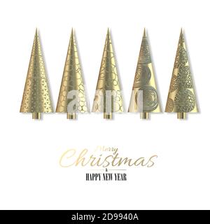 Cartolina natalizia moderna in 3D su bianco. 3D oro alberi di Natale con motivo su sfondo bianco. Illustrazione 3D. Testo d'oro buon Natale Felice anno nuovo Foto Stock