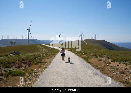 Donna ragazza che corre con il cane sul paesaggio stradale a Serra da Freita Arouca Geopark turbine eoliche paesaggio, in Portogallo Foto Stock