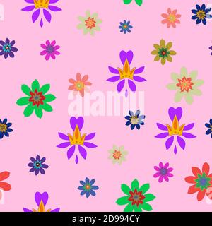 Modello per la ragazza. Principessa corona e fiori. Modello vettoriale senza giunture per bambini. Corone d'oro su sfondo rosa. Piccoli fiori di diverso Illustrazione Vettoriale