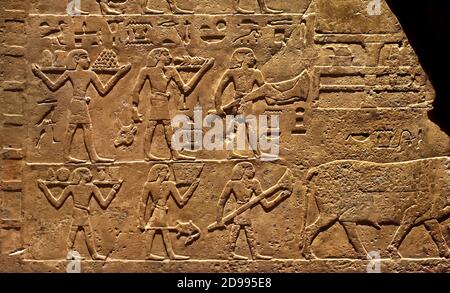 Frammento di parete dalla tomba di Neferkhau e Satbahetep (le scene sono legate al pasto funerario.) Il defunto Neferkhau e una donna chiamata Satbahetep, il registro superiore è riservato ai sacerdoti. Gli altri tre registri mostrano che i portatori di portare in merce per la ka del deceduto Satbahetep, durante il banchetto funerario. 1° PERIODO INTERMEDIO 2181–2055 a.C. Egitto, egiziano. Foto Stock