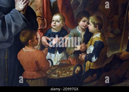 San Diego de Alcalá distribuendo cibo di Bartolomé Esteban Murillo (1617–1682) San Didaco di Alcalá che alimenta i poveri 1645-1646 Spagna Spagnolo Foto Stock