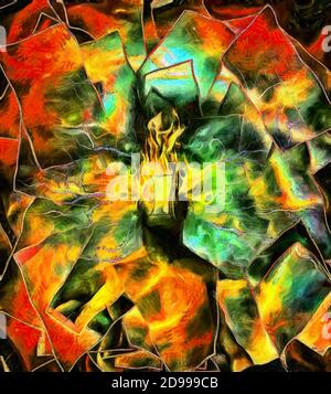 Pittura surreale. Uomo con testa bruciante e porta invece di faccia. Rendering 3D Foto Stock