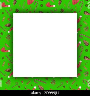 Illustrazione 3D del biglietto d'auguri con una cornice senza giunture con cappelli rossi Babbo Natale, rami di abete albero di Natale, stella anice, bastone cannella, canna caramella Foto Stock