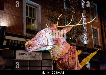 Nottigham, UK - Feb 2020: Lanterna di carta, a forma di testa di un Cervo che illumina la sfilata durante la festa annuale delle luci. Foto Stock