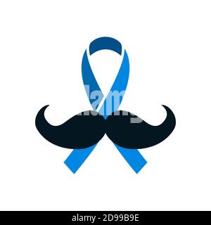 Cancro alla prostata nastro blu con baffi in stile piatto. Novembre simbolo del mese di consapevolezza, illustrazione vettoriale. Concetto di prevenzione oncologia e uomini Illustrazione Vettoriale