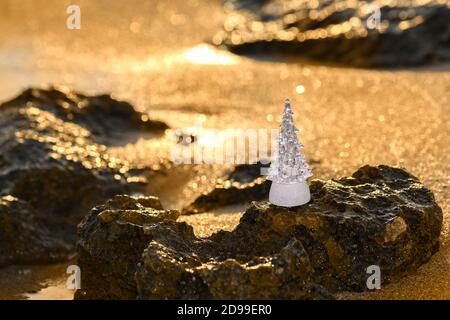 Legno albero di Natale su una sabbia sulla spiaggia tropicale vicino oceano, estate Natale e concetto di vacanza invernale Foto Stock