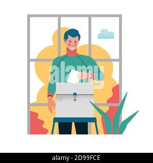 Elector - un uomo che vota nelle elezioni, che mette un voto nel voto, minimalistico immagine piatta, finestra, alberi, nuvola, isolato su bianco, Illustrazione Vettoriale