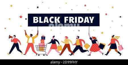 Black friday, banner mega vendita, scena con una folla, donne e uomini che corrono con borse per la spesa. Concept design di vendita Illustrazione Vettoriale