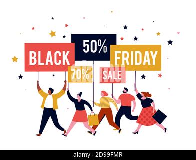 Black friday, banner mega vendita, scena con una folla, donne e uomini che corrono con borse per la spesa. Concept design di vendita Illustrazione Vettoriale