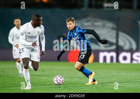 Madrid, Spagna. 03 Nov 2020. Nicolo Barella dell'Inter in azione durante la UEFA Champions League, Group Stage, Group B Football Match tra Real Madrid CF e FC Internazionale il 3 novembre 2020 allo stadio Alfredo di Stefano di Valdebebas vicino Madrid, Spagna - Foto Oscar J Barroso / Spagna DPPI / DPPI Credit: LM/DPPI/Oscar Barroso/Alamy Live News Credit: Gruppo Editoriale LiveMedia/Alamy Live News Foto Stock