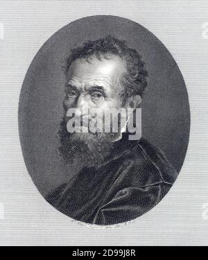 MICHELANGELO BUONARROTI ( Caprese 1475 - Roma 1564 ) il più celebre pittore , scultore , architetto e poeta italiano - (1815 ritratto inciso di Giuseppe Longhi 1766 - 1831 , Milano , Italia ) - MICHEL ANGEL BONARROTI - PITTORE - SCULTORE - ARCHITETTO - POETA - RINASCIMENTO - RINASCIMENTO - Ritratto - barba - barba - Firenze - de' Medici - Arte ---- Archivio GBB Foto Stock