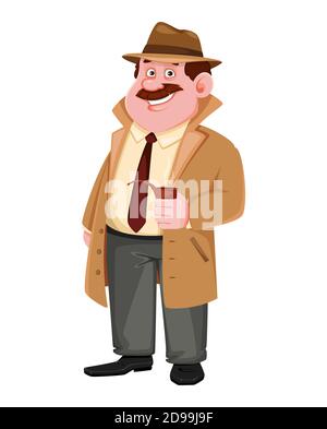 Vettore stock detective personaggio che tiene fumatore pipe. Personaggio dei cartoni animati investigatori. Illustrazione vettoriale. Illustrazione Vettoriale